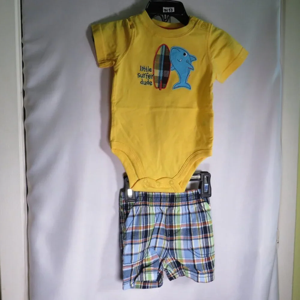 Baby Little Surfer Dude Orange Bodysuit & Plaid Shorts 2pc size 3Mts embroidered